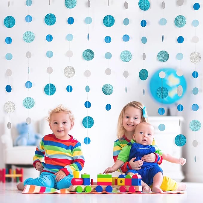 8 Pack Blue Glitter Dot Garland, Hanging Circle Streamers Banner, Backdrop - Image 6