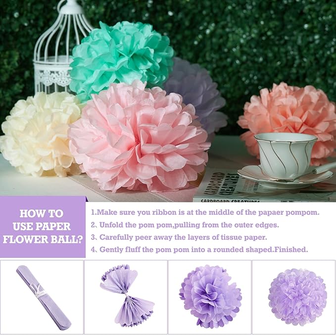 EASY JOY 15PCS Pastel Paper Tissue Pom Poms Decoration Macaron Rainbow Candy - Image 3
