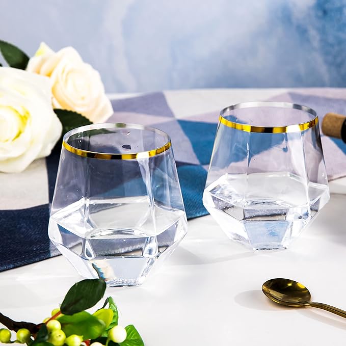 LUODA 32 Pack Gold Plastic Stemless Wine Glasses, 12 Oz Disposable Diamond - Image 7