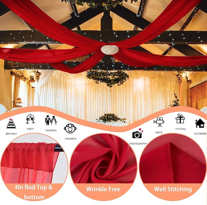 FUHSY Red Ceiling Drapes for Wedding Ceiling Drapes 5x20 FT 4 Panels Ceiling - Image 3