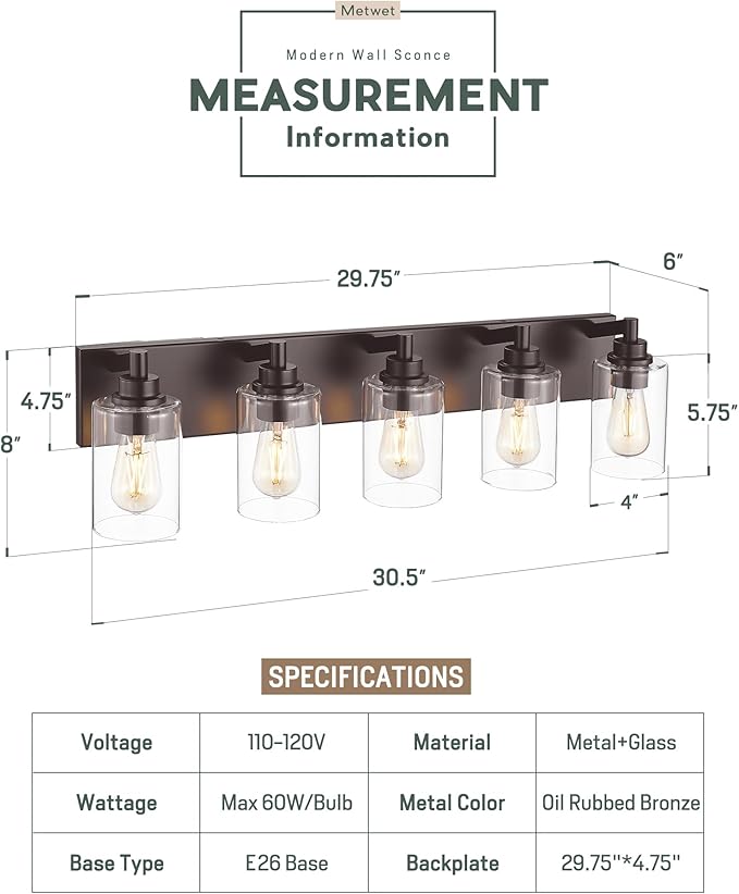 5-Light Bathroom Light Fixtures, 30 Inch Oil Rubbed Bronze Vanity Lights - Image 2