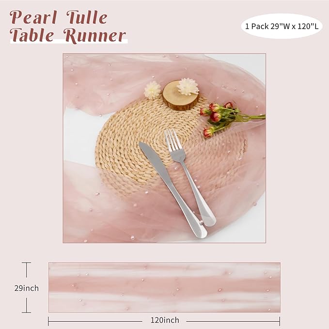 Pearl Table Runner 29 x 120 Inch Tulle Fabric Lace Table Runners Boho Rustic - Image 2