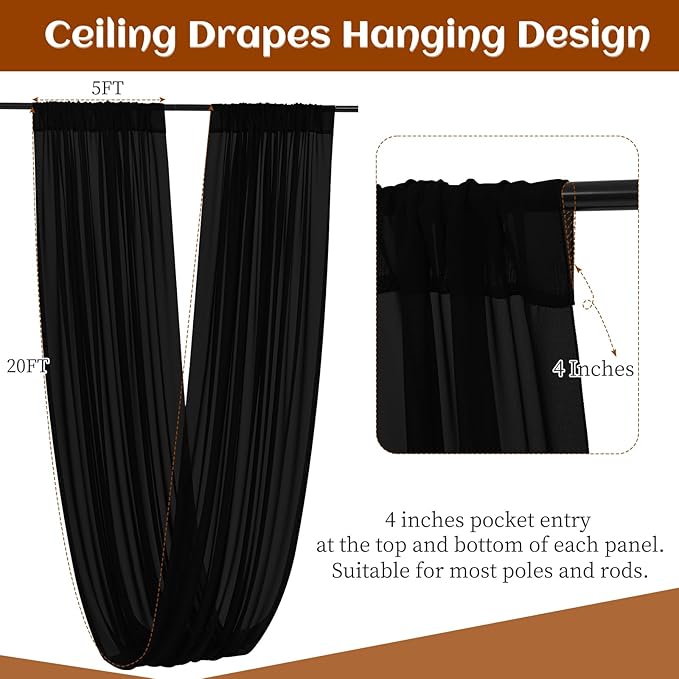 6 Panels Black Ceiling Drapes 5ftx20ft Wedding Chiffon Fabric Arch Draping - Image 3