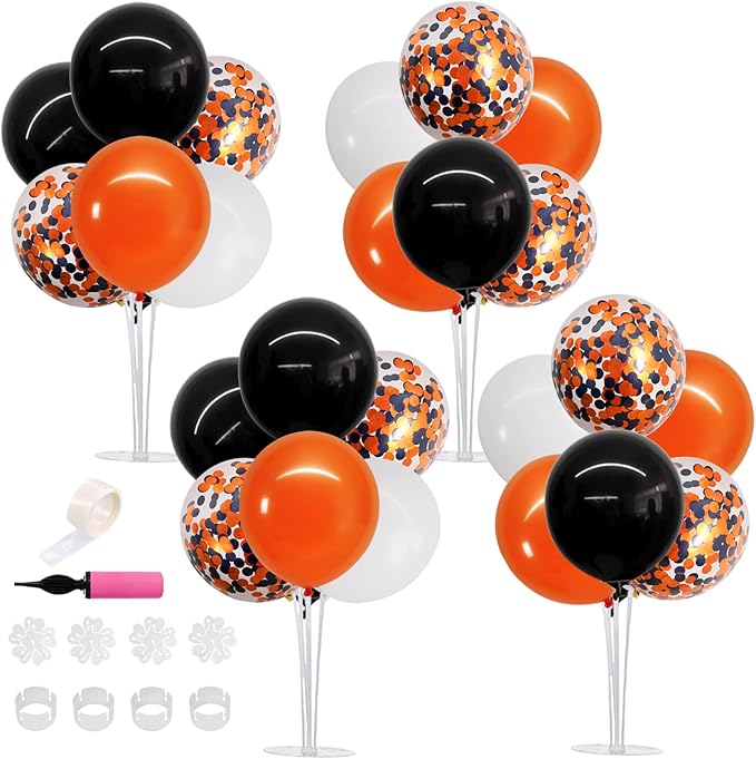 TONIFUL 4 Set Halloween Balloons Black Orange Confetti White Balloon Stand by TONIFUL