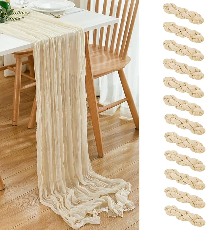12 Pack Beige 10 Ft Cheesecloth Table Runner 20x121 Inch Boho Wrinkled Sheer by Dspoot