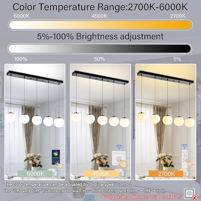 5-Lights Globe Pendant Light for Kitchen Island H 98" Black Rectangle - Image 3