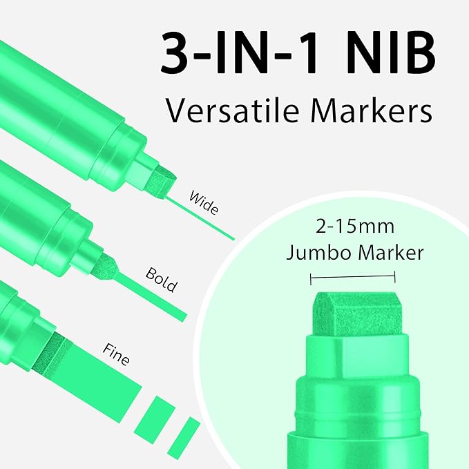 3 Pcs Green Jumbo Permanent Markers: 15mm Wide Tip Thick Acrylic Paint Pen - Image 2