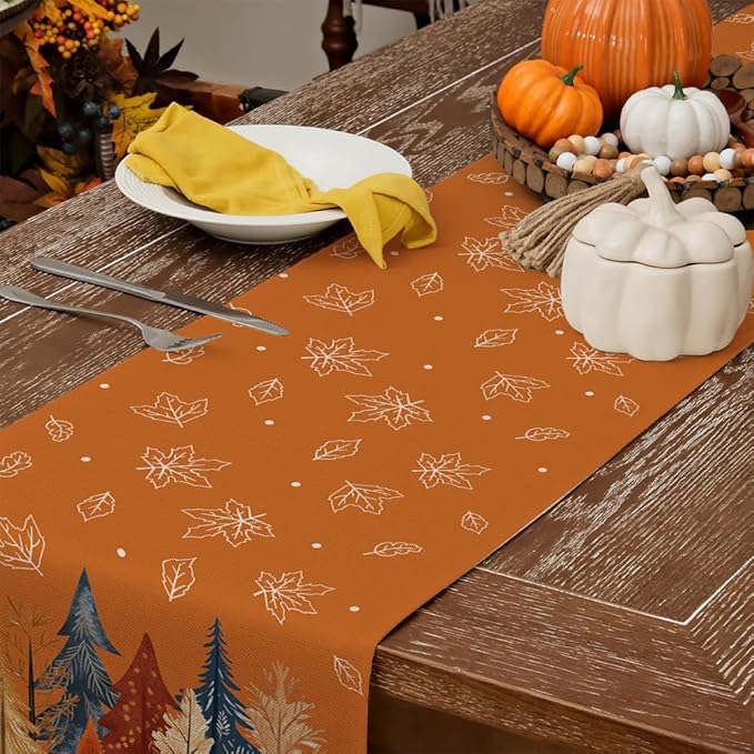 GEEORY Fall Watercolor Trees & Maple Leaves Table Runner 13x72 Inch, Rustic - Image 5