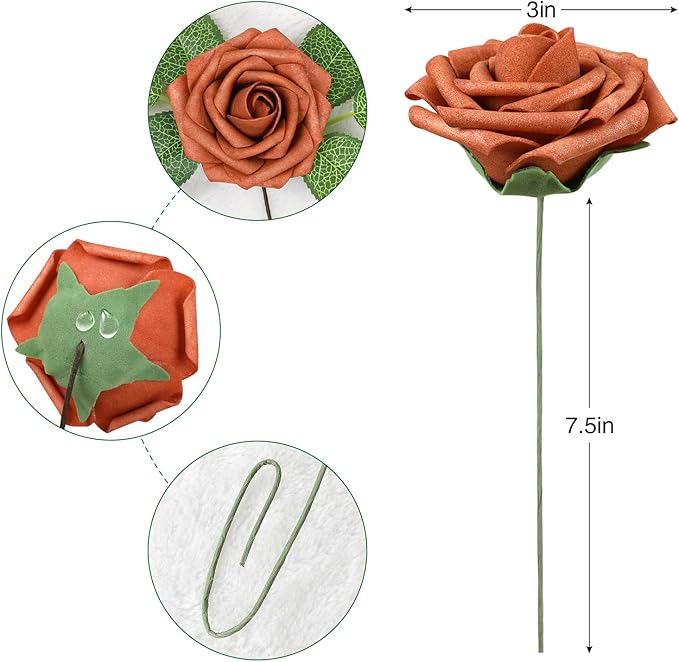 AmyHomie Artificial Flowers Burnt Orange Rose 25pcs Real Looking Fake Roses - Image 2