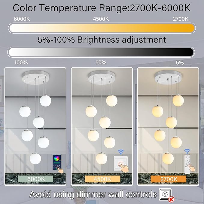 H 87in Globe Pendant Light 6-Lights Modern Hanging Chandelier - Image 4