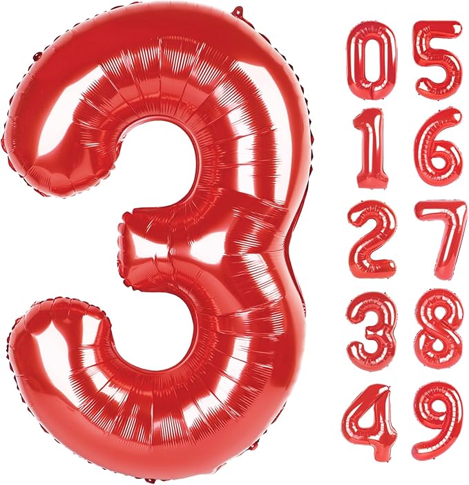 Number Balloon 40 Inch Red 3 Balloon, Mylar Foil Number 3 Balloon Red, Three by Upgesy