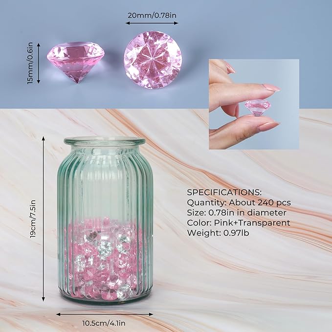 Acrylic Diamond Fake Gems Vase Filler, Babenest 240pcs 3/4 Inch Faux Diamonds - Image 4