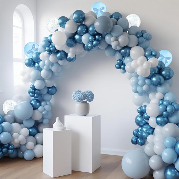 Blue Bow Balloons, Metallic Macaron Preal White Balloon Bow Print Balloon - Image 6