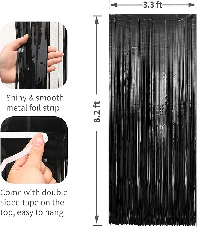 6 Pack Black Foil Fringe Curtains Streamers Party Decorations 3.3 x 8.2 ft - Image 2