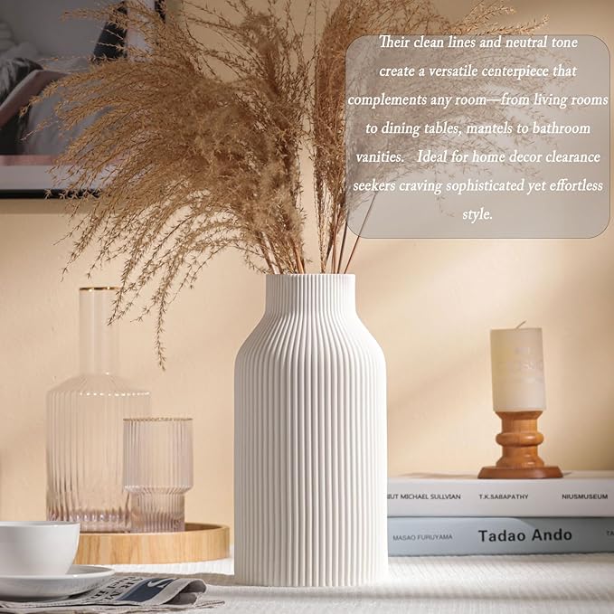 10 Inch White Ceramic Vase for Decor, Minimalist Modern Home Decorative Large - Image 2