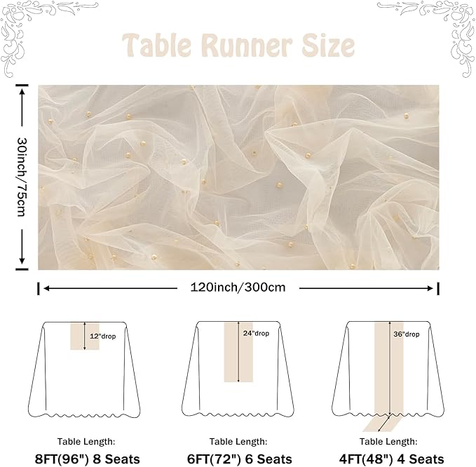 Fanami 1 Pack Pearl Table Runner -10FT Champagne Gold Boho Tulle Table Runners - Image 4