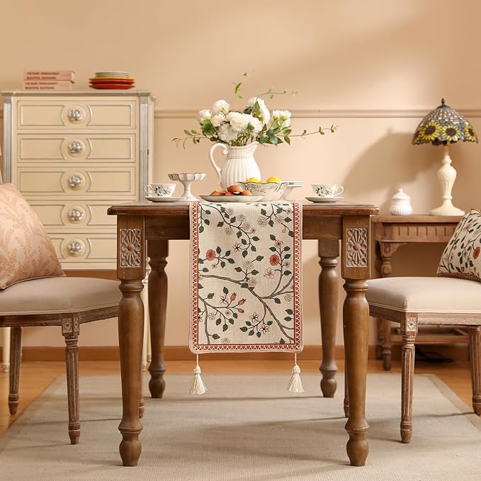 ISAENNE Designer Elegant Linen Floral Table Runner 71 Inches Long, Farmhouse - Image 3