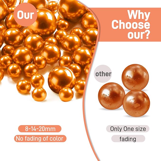 180PCS Orange Beads for Centerpieces Vases, No Hole Polished Pearl Makeup Beads - Image 3