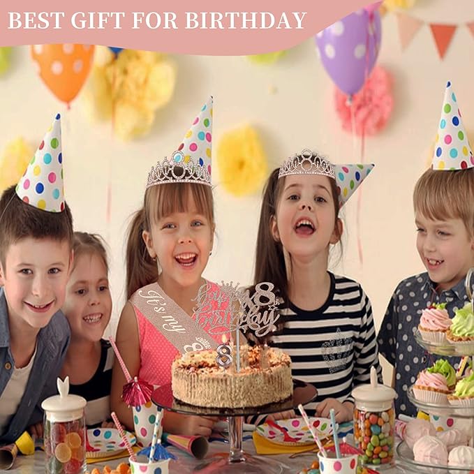 8th Birthday Decorations for Girl Including Sash, Numeral Candle and Cake Topper - Image 2