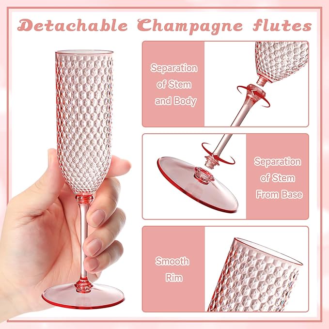 24 Pack Pink Detachable 2 piece Champagne Flutes 5.5 Oz Unbreakable Plastic - Image 3