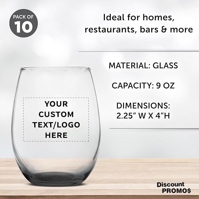 DISCOUNT PROMOS Custom Stemless Wine Glass 9 oz. Set of 10, Personalized Bulk - Image 4