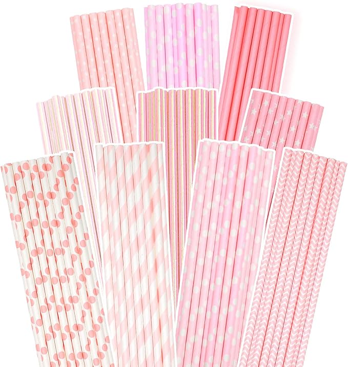 Pink Paper Straws 150pcs Disposable Straws Bulk qiqee by Qiqee