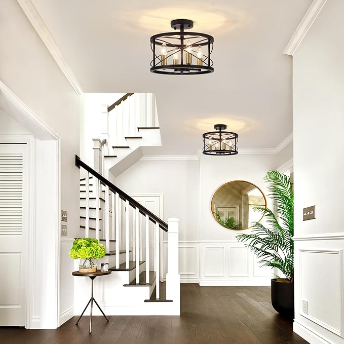 Black and Brushed Gold Semi Flush Mount Ceiling Light, Farmhouse Modern Light - Image 6