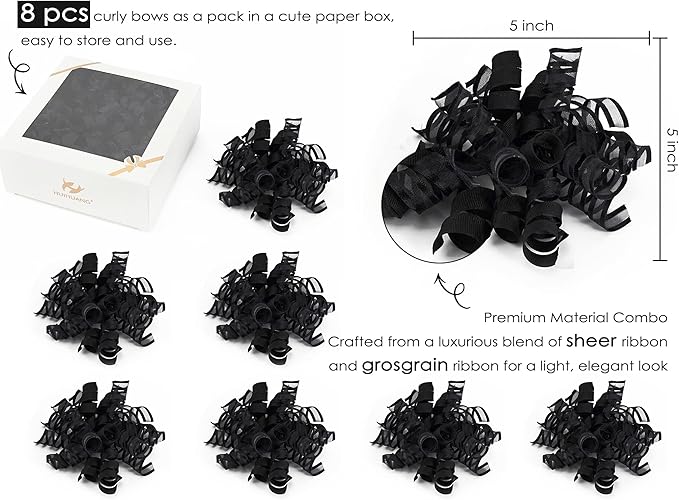 HUIHUANG Black Bows for Gift Wrapping Curly Gift Bow 5 inch x 8 Counts - Image 2