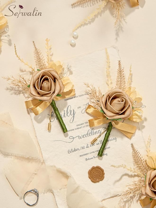 Serwalin 10Pcs Boutonniere for Men, Khaki Groom and Best Man Boutonniere - Image 3