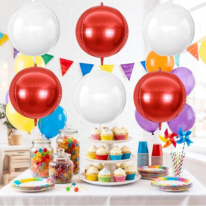6Pcs Red White Round Foil Balloons, Giant 4D Round Ball Balloon, 22 Inch - Image 6