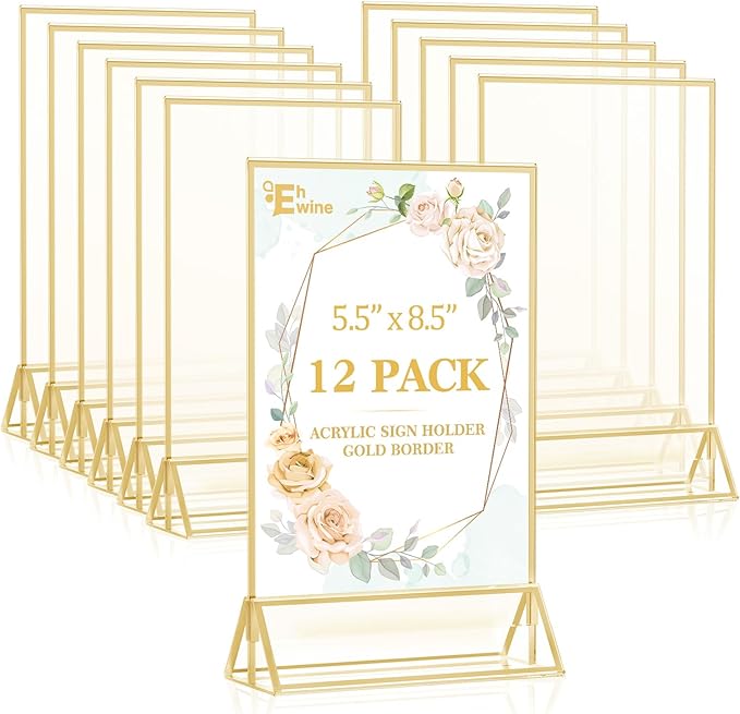 EHWINE 12 Pack Acrylic Sign Holder 5.5 x 8.5, Double Sided Gold Picture Frame by EHWINE