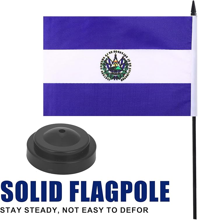 El Salvador Desk Flag 12" Solid Pole Deluxe Set Salvador Flags Banner Mini - Image 3