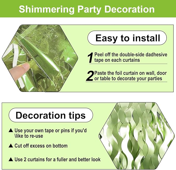 4 Pack Light Green Wave Foil Fringe Curtain Backdrop, 3.28Ft x 8.2Ft Metallic - Image 3