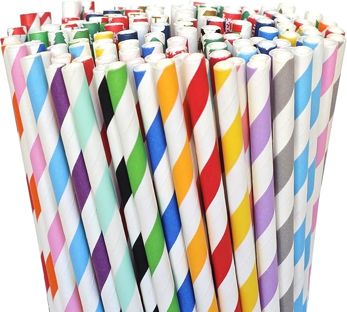 200 Striped Paper Straws, Biodegradable Disposable Drinking Colorful Straws by PaperStraws