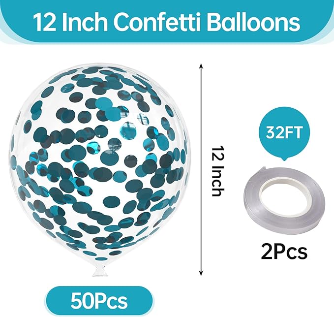 50pcs Peacock Blue Foil Confetti Balloons, 12 inch Latex Balloon - Image 2