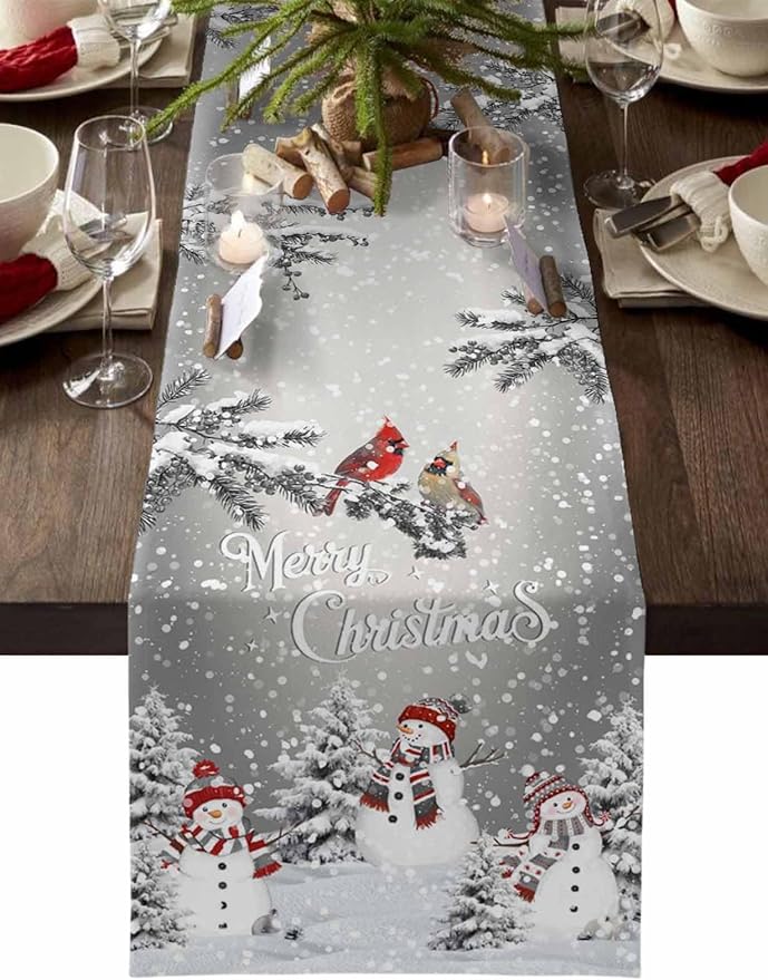 Christmas Snowman Cotton Linen Table Runner by Unknown