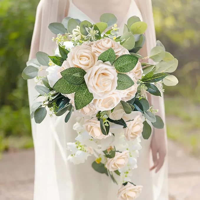 AmyHomie Artificial Flower Champagne Rose 25pcs Real Looking Fake Roses w/Stem - Image 5