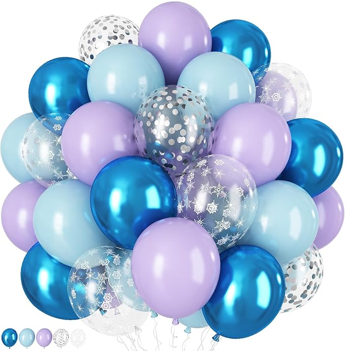 60Pcs Snowflake Balloons, Dusty Light Blue Purple Metallic Dark Blue Snowflake by Togvu