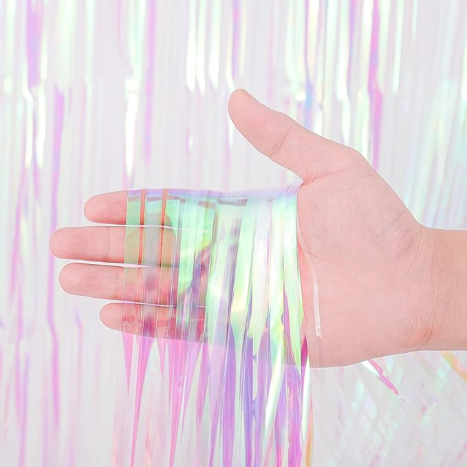 2 Pack Iridescent Transparent Foil Fringe Backdrop Curtains, Tinsel Streamers - Image 2
