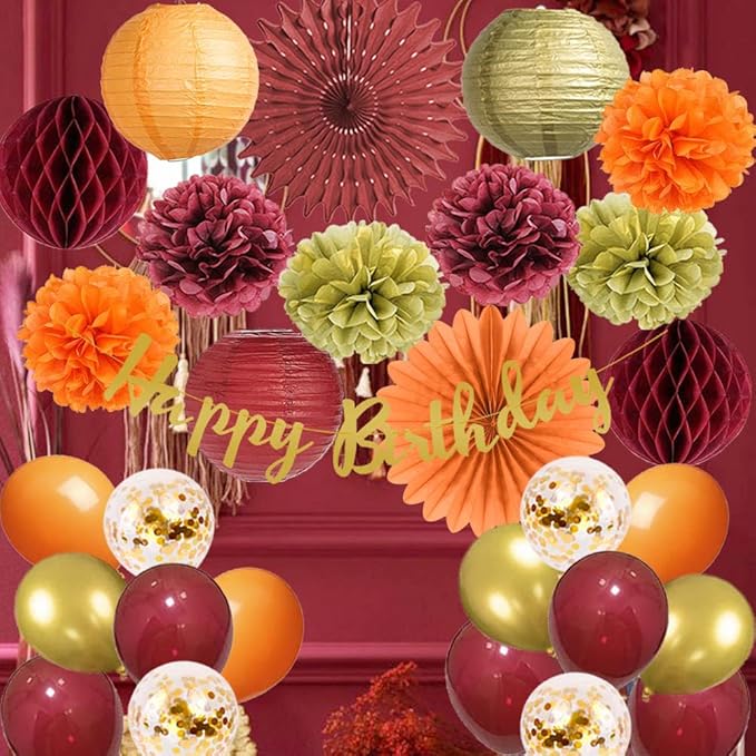 Fall Birthday Decorations Burgundy and Orange Party Decorations Pom Poms - Image 4