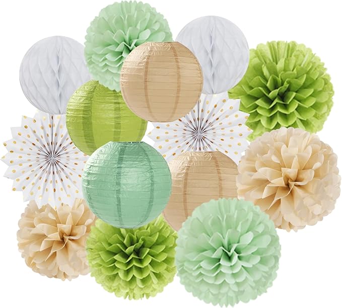 Olive-Sage Green-Boho Party-Decorations Streamers-Lanterns by LastingSurprise