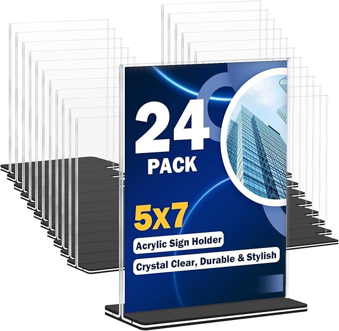 Acrylic Sign Holder 5 x 7, 24 Pack Clear Double-Sided Acrylic Display Stand by Succwoah