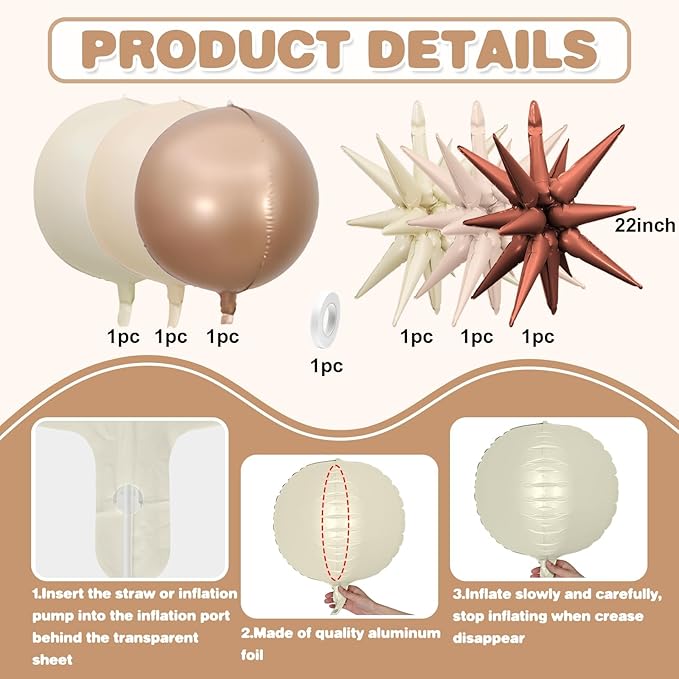6Pcs Sand White Brown Foil Balloons, 22Inch Cream Beige 4D Round Ball Balloon - Image 6