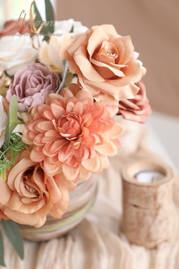 Floroom Terracotta Artificial Flowers Burnt Orange Fake Roses Peonies Dahlia - Image 6