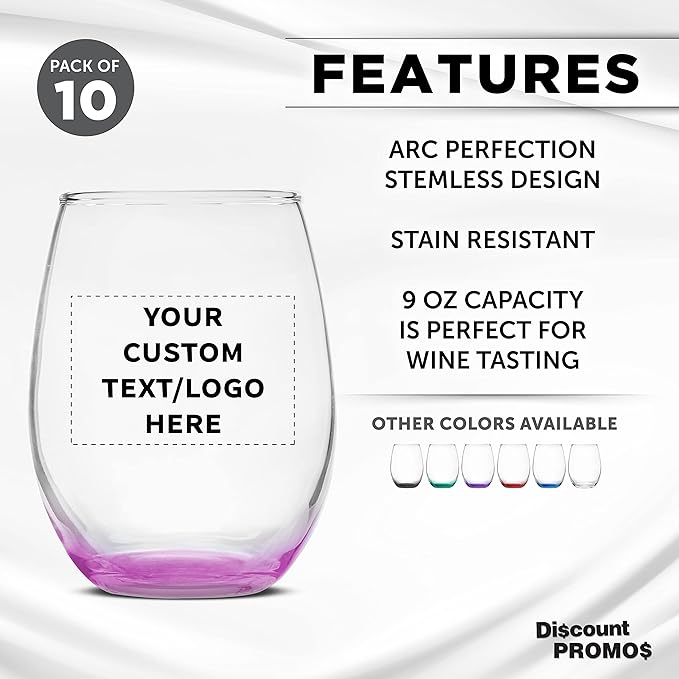 Custom Stemless Wine Glass 9 oz. Set of 10, Personalized Bulk Pack - Image 2