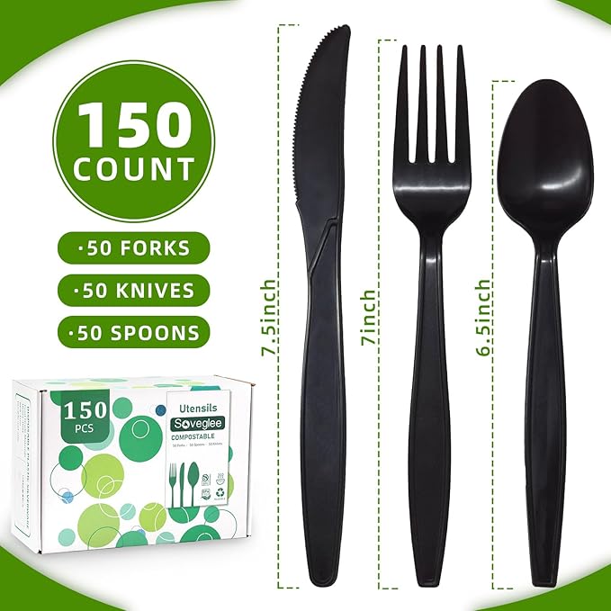 150 Count Black Compostable Silverware, Compostable Utensils, Disposable - Image 2