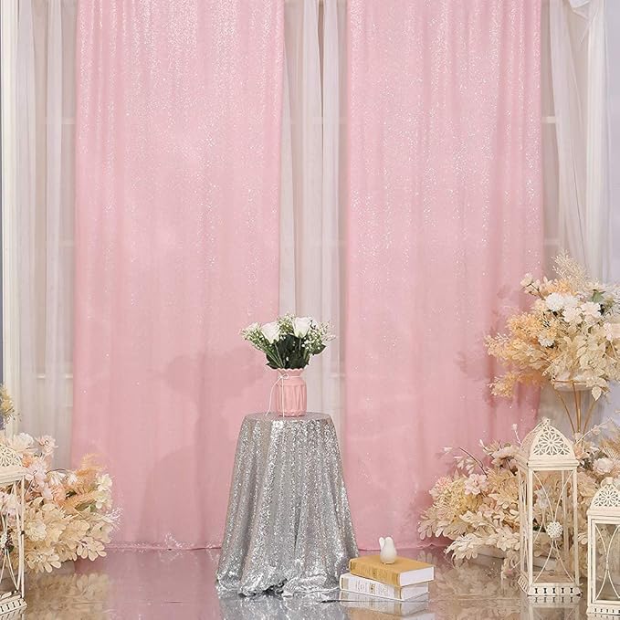 SquarePie Sequin Curtain 2FT x 8FT Pink 2pcs Backdrop Sparkly Wedding - Image 3