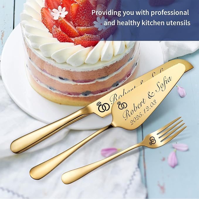 Personalized Wedding Cake Knife and Server Set, Custom Gold/Silver Cake Cutting - Image 4