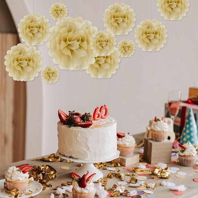 Tissue Paper Pom Poms, Light Khaki Tissue Paper Flowers, Hanging Flower Balls - Image 3
