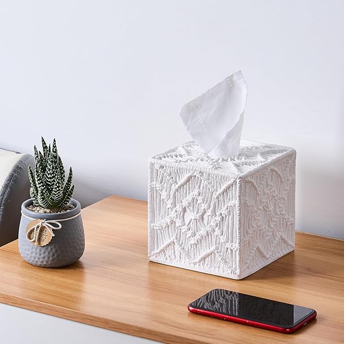 White Woven Macrame Boho Tissue Box Cover Square - Image 6